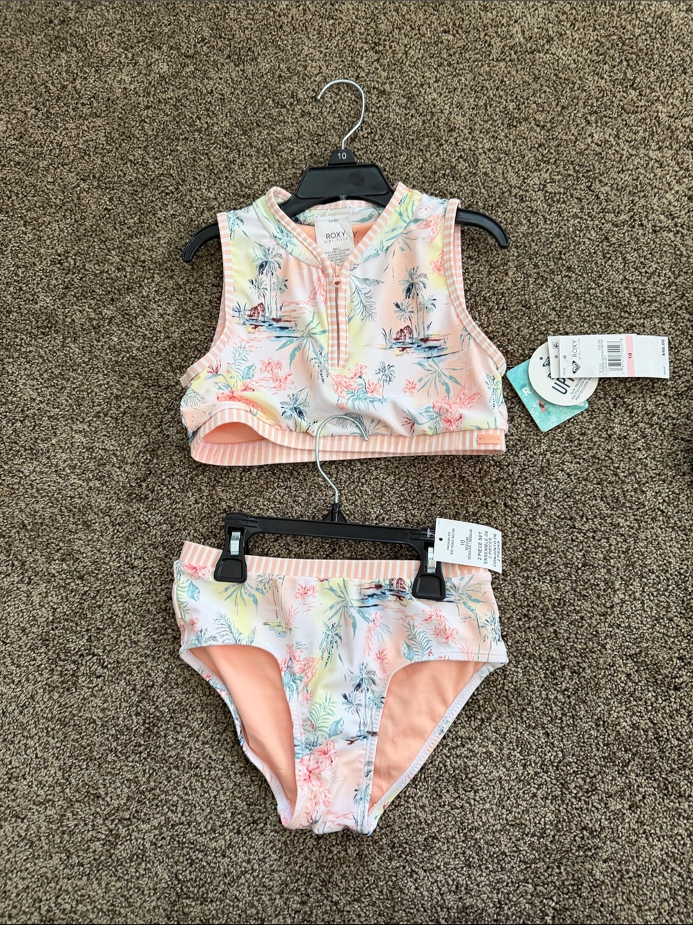 Roxy Peach Floral Zip-Front Girls Two-Piece Swim Set